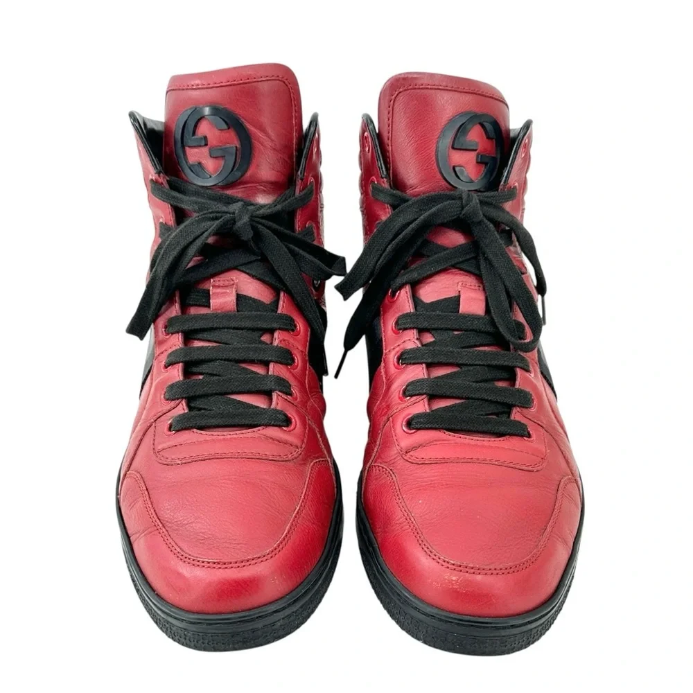 GUCCI Viaggio GG Red & Black Men's Leather High Top Lace Up Sneakers sz 8.5